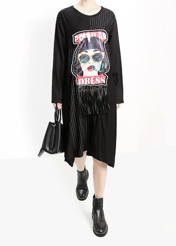 Loose Tassel Cotton Patchwork Quilting Clothes Pattern Black Prints a Line Dresses