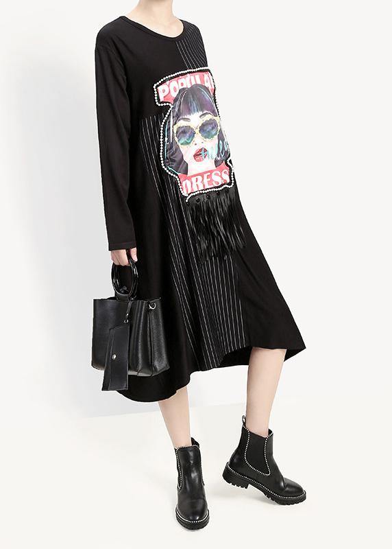 Loose Tassel Cotton Patchwork Quilting Clothes Pattern Black Prints a Line Dresses