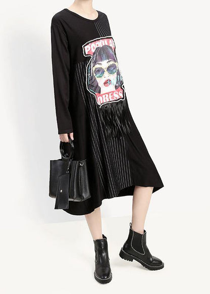 Loose Tassel Cotton Patchwork Quilting Clothes Pattern Black Prints a Line Dresses