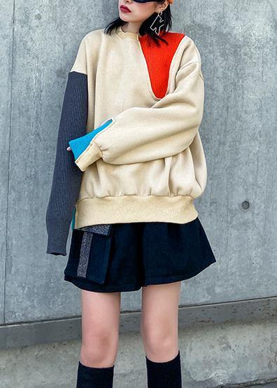 Loose Thick Cotton Patchwork Color Blouses for Wardrobes Khaki Blouse
