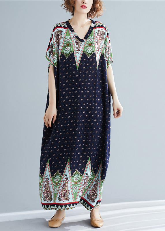 Loose V Neck Clothes Work Blue Print Long Dresses Summer