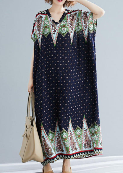 Loose V Neck Clothes Work Blue Print Long Dresses Summer