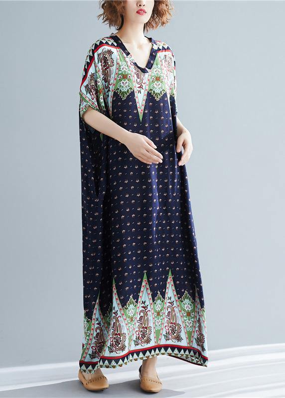 Loose V Neck Clothes Work Blue Print Long Dresses Summer