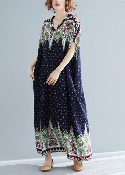 Loose V Neck Clothes Work Blue Print Long Dresses Summer