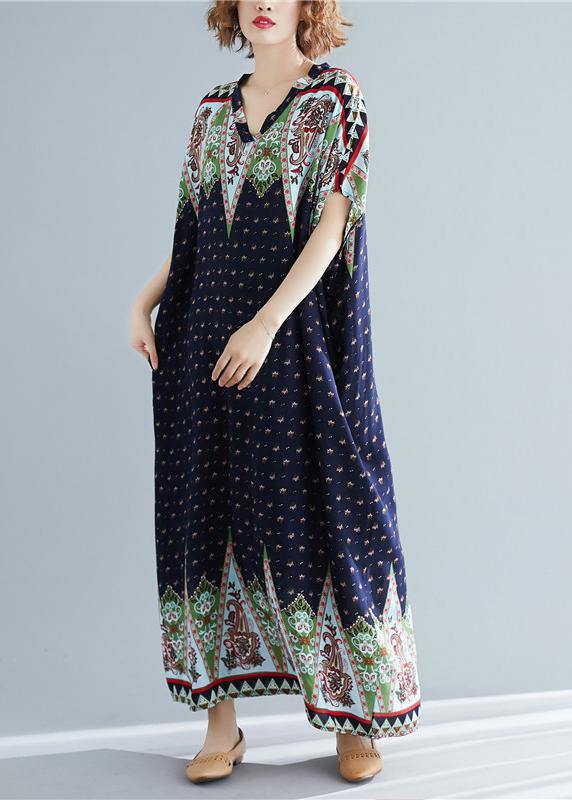 Loose V Neck Clothes Work Blue Print Long Dresses Summer