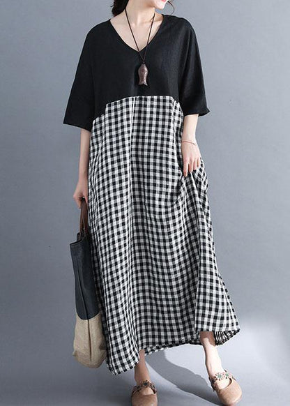 Loose V Neck Cotton Clothes Shirts Black Patchwork Maxi Dresses Summer