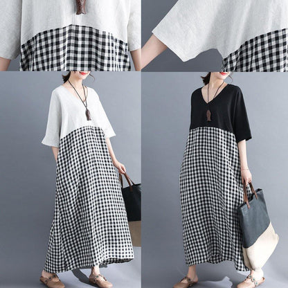 Loose V Neck Cotton Clothes Shirts Black Patchwork Maxi Dresses Summer