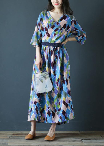 Loose V Neck Drawstring Cotton Summer Dresses Sleeve Plaid Maxi Dresses