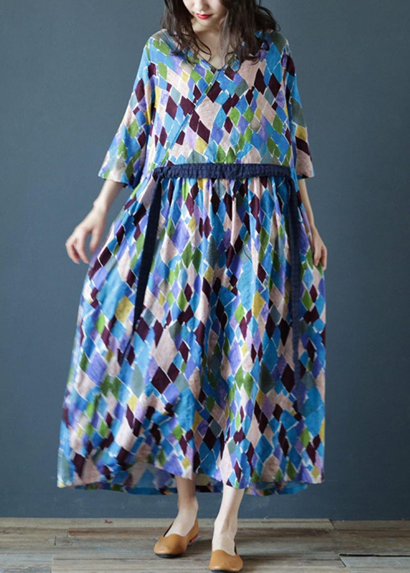 Loose V Neck Drawstring Cotton Summer Dresses Sleeve Plaid Maxi Dresses