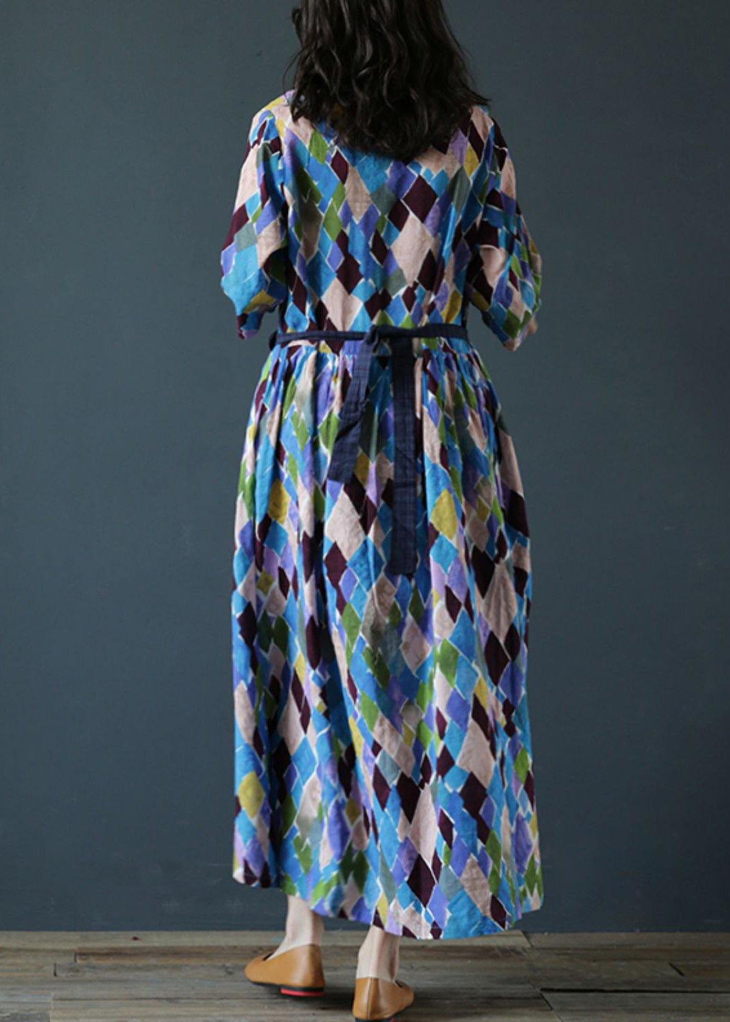 Loose V Neck Drawstring Cotton Summer Dresses Sleeve Plaid Maxi Dresses