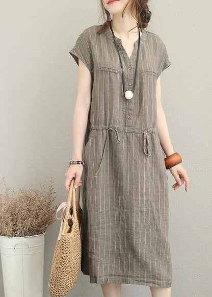 Loose V Neck Drawstring Linen Summer Robes Neckline Kahki Striped Dresses