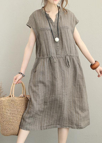 Loose V Neck Drawstring Linen Summer Robes Neckline Kahki Striped Dresses