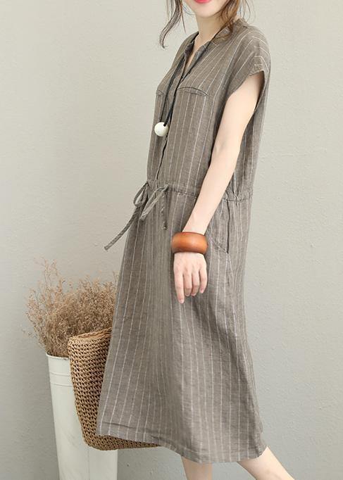 Loose V Neck Drawstring Linen Summer Robes Neckline Kahki Striped Dresses