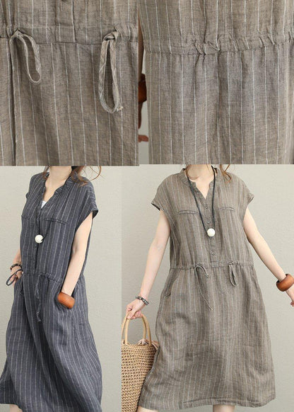 Loose V Neck Drawstring Linen Summer Robes Neckline Kahki Striped Dresses