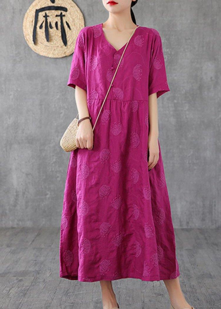 Loose V Neck Embroidery Linen Clothes for Sleeve Rose Dresses