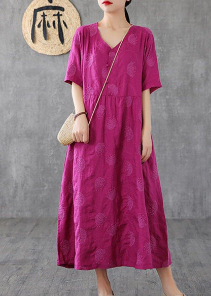 Loose V Neck Embroidery Linen Clothes for Sleeve Rose Dresses