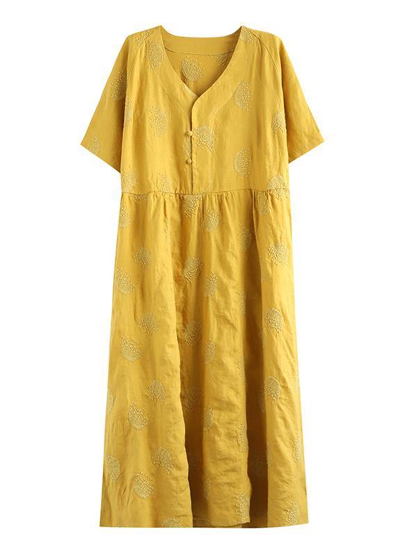 Loose V Neck Embroidery Linen Clothes for Sleeve Rose Dresses