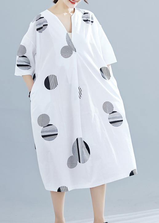 Loose V Neck Half Sleeve Linen Tunics Neckline White Dotted Dress Summer