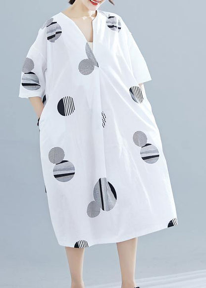 Loose V Neck Half Sleeve Linen Tunics Neckline White Dotted Dress Summer
