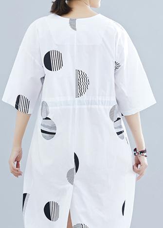 Loose V Neck Half Sleeve Linen Tunics Neckline White Dotted Dress Summer