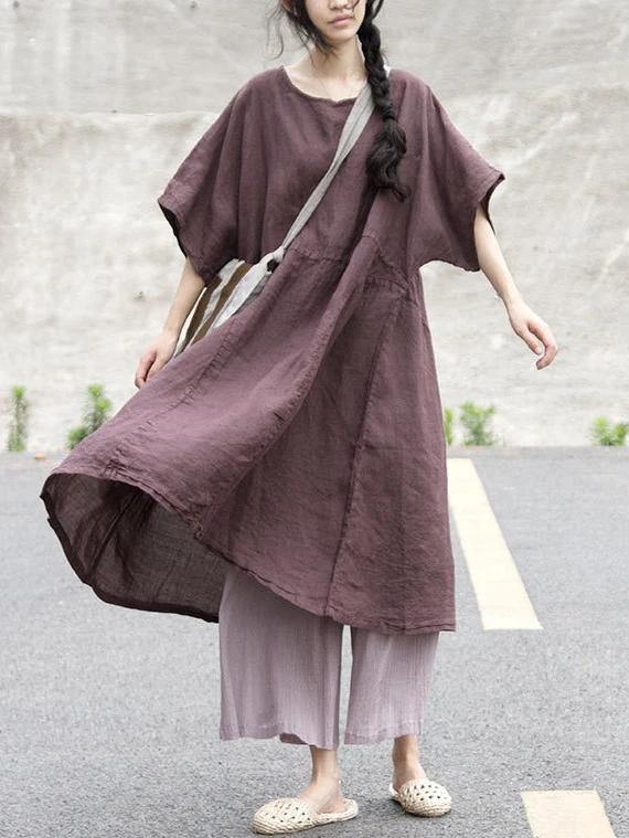 Loose V Neck Patchwork Cotton Linen Clothes for Tutorials Chocolate Dresses