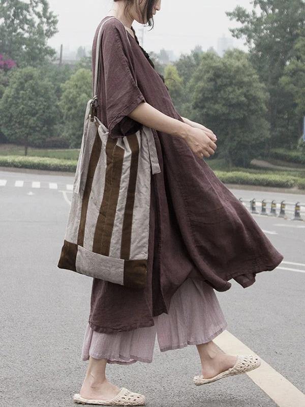 Loose V Neck Patchwork Cotton Linen Clothes for Tutorials Chocolate Dresses