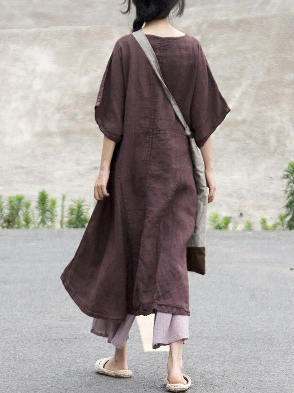 Loose V Neck Patchwork Cotton Linen Clothes for Tutorials Chocolate Dresses