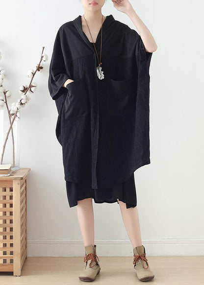 Loose V Neck Patchwork Linen Clothes Photography Black Dress Fall