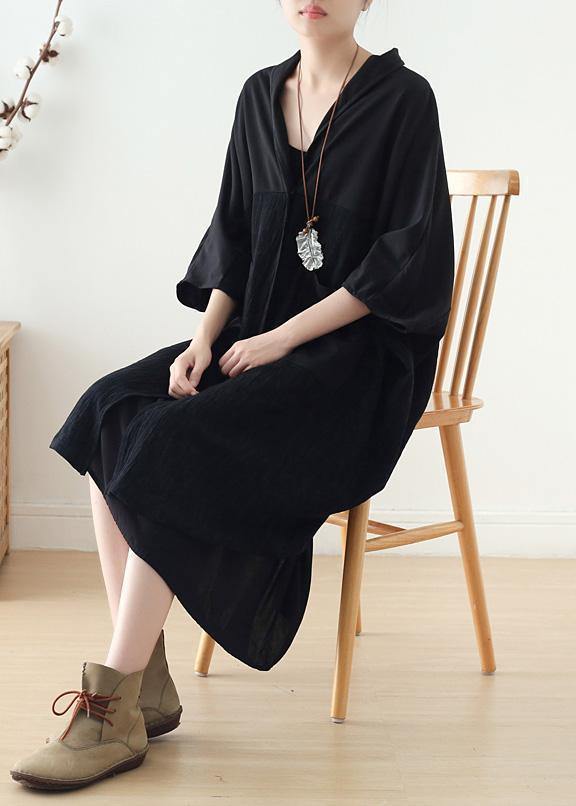 Loose V Neck Patchwork Linen Clothes Photography Black Dress Fall