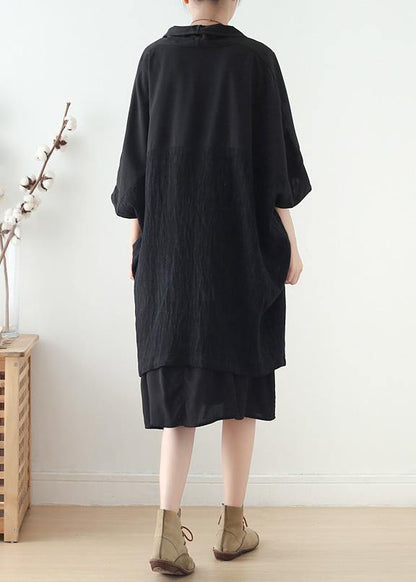 Loose V Neck Patchwork Linen Clothes Photography Black Dress Fall