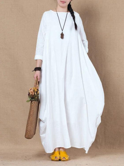 Loose White Cotton Linen Dress O Neck Asymmetric a Line Spring Dresses