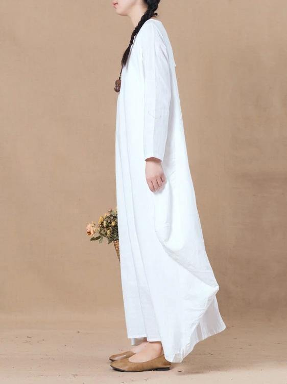 Loose White Cotton Linen Dress O Neck Asymmetric a Line Spring Dresses