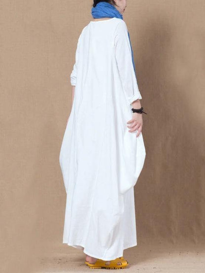 Loose White Cotton Linen Dress O Neck Asymmetric a Line Spring Dresses