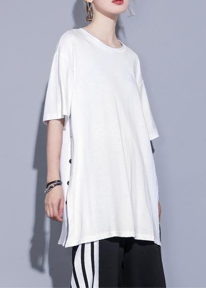 Loose White Cotton Shirts O Neck Side Open Art Summer Top