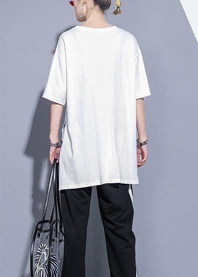 Loose White Cotton Shirts O Neck Side Open Art Summer Top
