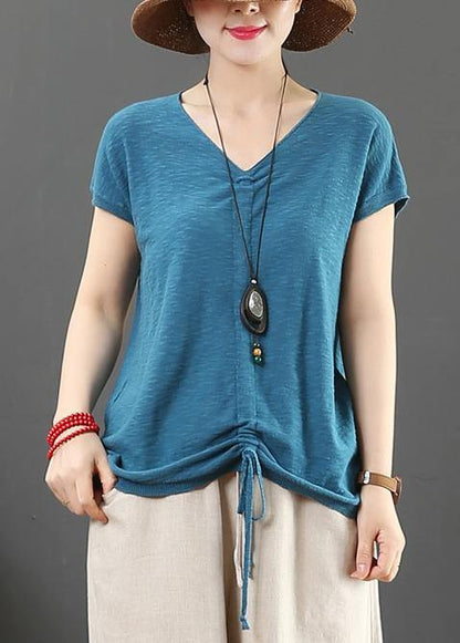 Loose White Cotton Tunic V Neck Drawstring Clothing Tops