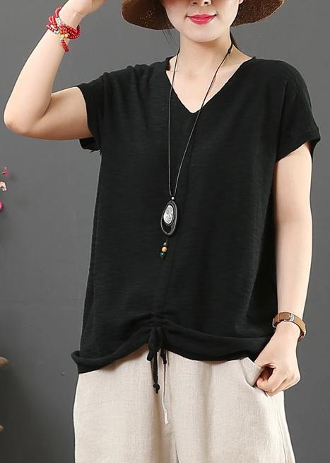Loose White Cotton Tunic V Neck Drawstring Clothing Tops