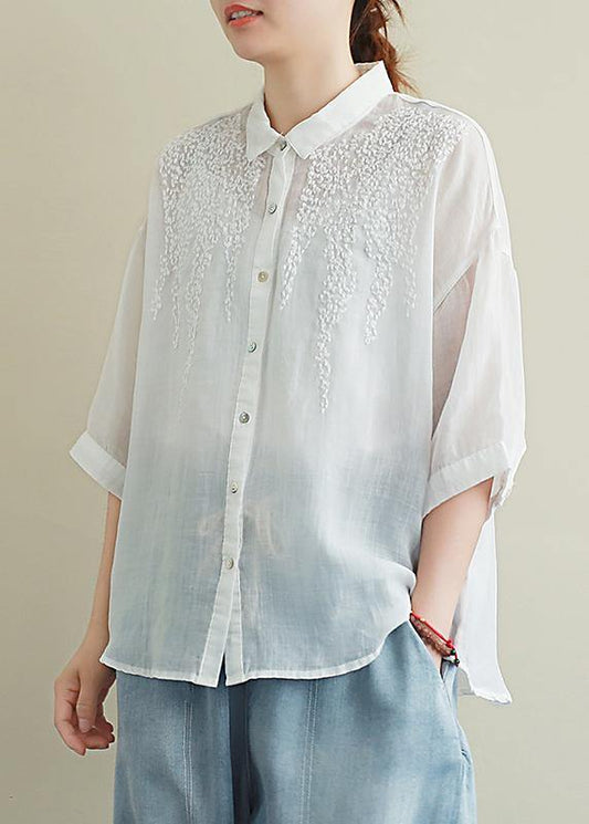 Loose White Embroidery Linen Tops Blouses Lapel Half Sleeve Oversized Top