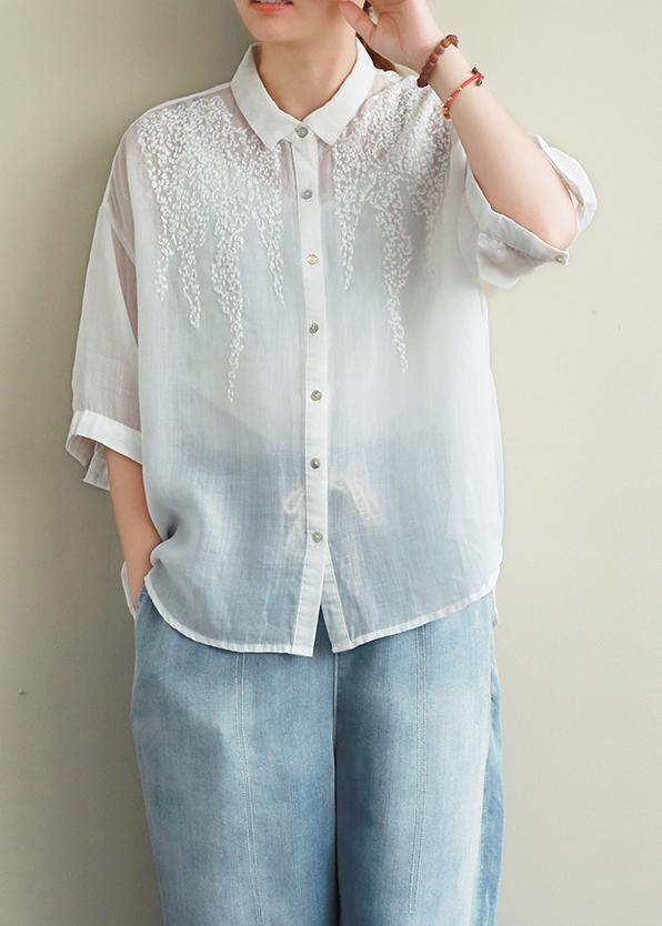 Loose White Embroidery Linen Tops Blouses Lapel Half Sleeve Oversized Top