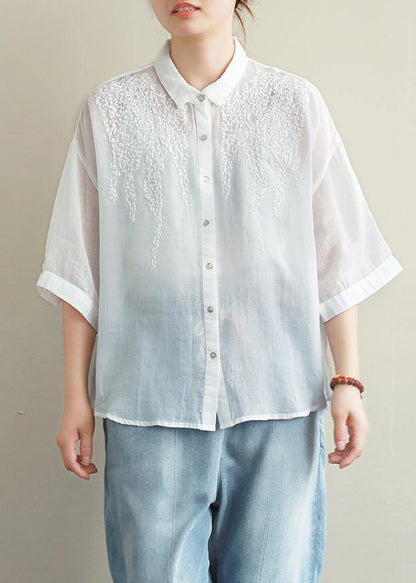 Loose White Embroidery Linen Tops Blouses Lapel Half Sleeve Oversized Top