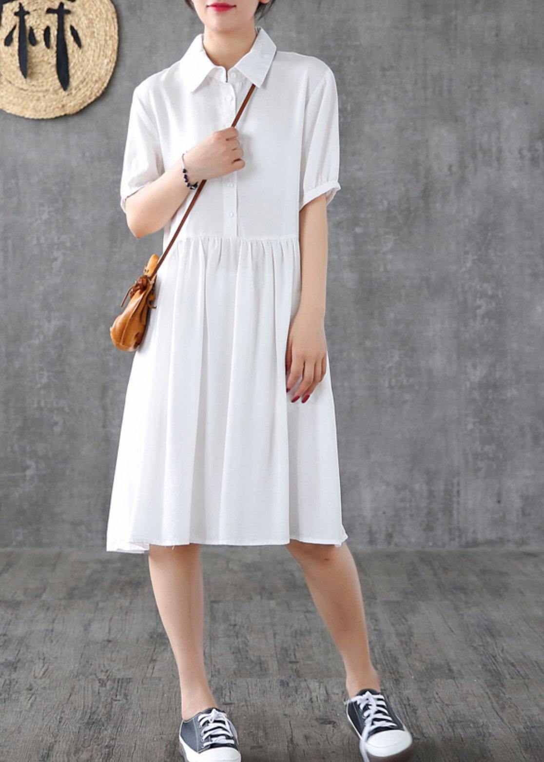 Loose White Lapel Cinched Dress