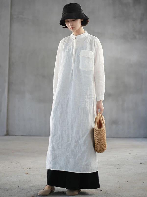 Loose White Linen Quilting Clothes Stand Collar Side Open Art Dresses