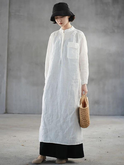 Loose White Linen Quilting Clothes Stand Collar Side Open Art Dresses