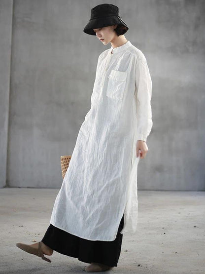 Loose White Linen Quilting Clothes Stand Collar Side Open Art Dresses