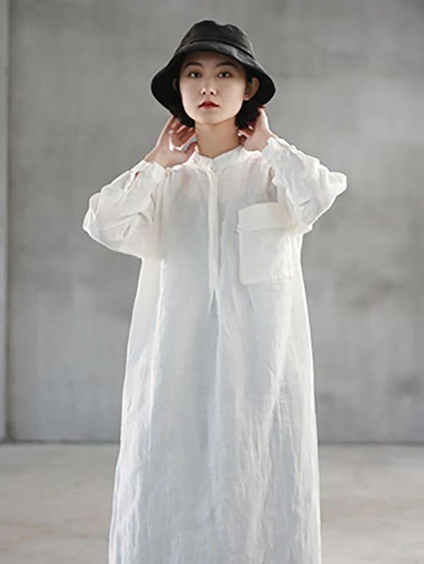 Loose White Linen Quilting Clothes Stand Collar Side Open Art Dresses