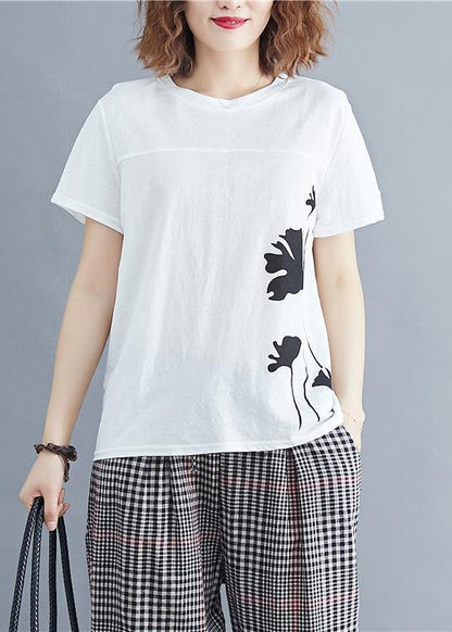 Loose White Print Cotton for O Neck Daily Summer Tops