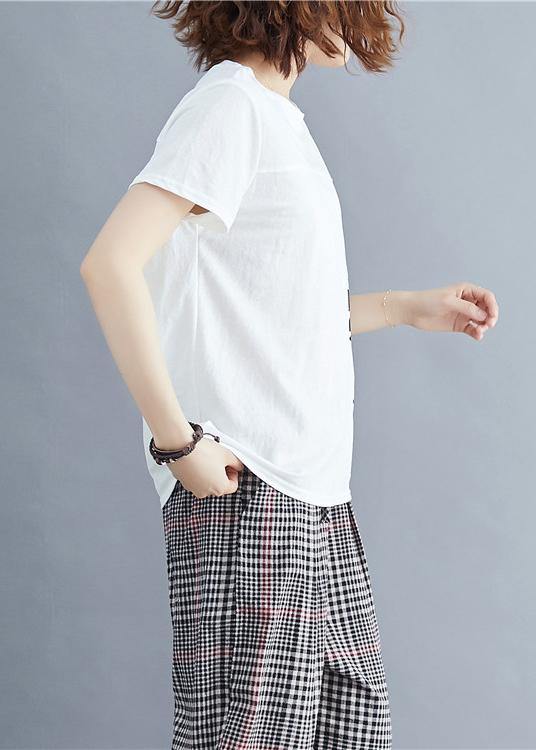 Loose White Print Cotton for O Neck Daily Summer Tops