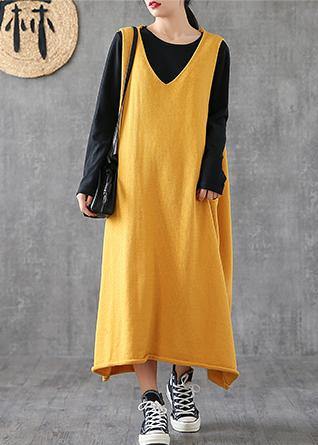 Loose Yellow Clothes V Neck Sleeveless Loose Dress