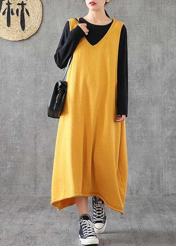 Loose Yellow Clothes V Neck Sleeveless Loose Dress
