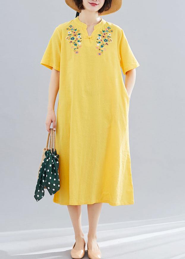 Loose Yellow Embroidery Cotton Clothes for V Neck Dresses Summer Dresses